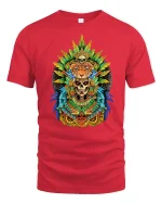 Tribal Jaguar Skull Graphic T Shirt Aztec Warrior Spirit Art - red t-shirt on white background