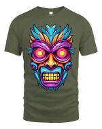 Tribal Skull Graphic T Shirt With Neon Mask Art Vibes - military green t-shirt on white background