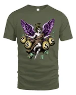 Money Angel Graphic T Shirt Purple Wings Wealth Art Design - military green t-shirt on white background