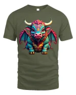 Fantasy Bull Dragon Graphic T Shirt Colorful Mythical Creature Art - military green t-shirt on white background