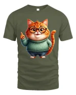 Cute Nerdy Cat Graphic T Shirt Adorable Smart Cartoon Art Style - military green t-shirt on white background