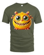 Funny Cute Monster Graphic T Shirt Big Eyes Smiling Cartoon Art - military green t-shirt on white background
