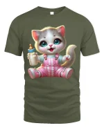 Cute Baby Kitten Graphic T Shirt Adorable Cartoon Animal Art - military green t-shirt on white background
