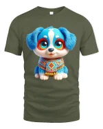 Cute Blue Puppy Graphic T Shirt Adorable Cartoon Dog Art Style - military green t-shirt on white background