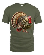 Funny Thanksgiving Turkey Graphic T Shirt Detailed Farm Art Style - military green t-shirt on white background