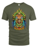 Tribal Jaguar Skull Graphic T Shirt Aztec Warrior Spirit Art - military green t-shirt on white background