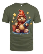 Cute Wizard Teddy Bear Graphic T Shirt Magical Fantasy Art Style - military green t-shirt on white background