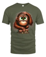 Cute Baby Monkey Graphic T Shirt Big Eyes Cartoon Style Art - military green t-shirt on white background