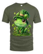 Cute Leprechaun Frog Graphic T Shirt Whimsical Irish Style Art - military green t-shirt on white background
