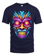 Tribal Skull Graphic T Shirt With Neon Mask Art Vibes - navy t-shirt on white background