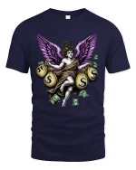 Money Angel Graphic T Shirt Purple Wings Wealth Art Design - navy t-shirt on white background