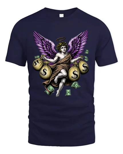 Money Angel Graphic T Shirt Purple Wings Wealth Art Design - navy t-shirt on white background