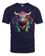Fantasy Bull Dragon Graphic T Shirt Colorful Mythical Creature Art - navy t-shirt on white background