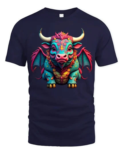 Fantasy Bull Dragon Graphic T Shirt Colorful Mythical Creature Art - navy t-shirt on white background