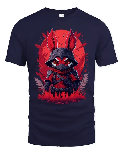 Red Ninja Fox Warrior Graphic T Shirt Dark Fantasy Art Style - navy t-shirt on white background