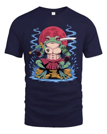 Samurai Frog Warrior Graphic T Shirt Epic Fantasy Art Design - navy t-shirt on white background
