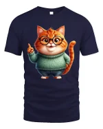 Cute Nerdy Cat Graphic T Shirt Adorable Smart Cartoon Art Style - navy t-shirt on white background