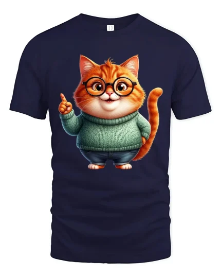 Cute Nerdy Cat Graphic T Shirt Adorable Smart Cartoon Art Style - navy t-shirt on white background