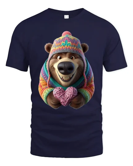 Cute Cozy Bear Graphic T Shirt Knitted Sweater Love Art Style - navy t-shirt on white background