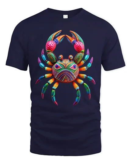 Colorful Artistic Crab Graphic T Shirt Vibrant Ocean Animal Art - navy t-shirt on white background