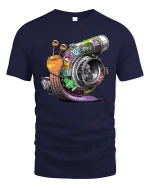 Funny Turbo Snail Graphic T Shirt Boosted Speed Cartoon Design - navy t-shirt on white background