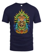 Tribal Jaguar Skull Graphic T Shirt Aztec Warrior Spirit Art - navy t-shirt on white background
