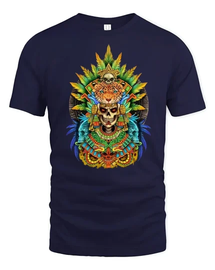 Tribal Jaguar Skull Graphic T Shirt Aztec Warrior Spirit Art - navy t-shirt on white background