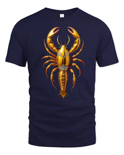 Golden Lobster Graphic T Shirt Luxury Ocean Inspired Art Design - navy t-shirt on white background