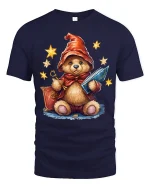 Cute Wizard Teddy Bear Graphic T Shirt Magical Fantasy Art Style - navy t-shirt on white background