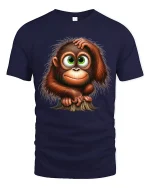Cute Baby Monkey Graphic T Shirt Big Eyes Cartoon Style Art - navy t-shirt on white background