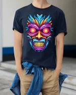 Tribal Skull Graphic T Shirt With Neon Mask Art Vibes - model wearing navy tee with hands in pockets