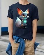 Cute Cyber Fox Graphic T Shirt Futuristic Neon Tech Art Style - model wearing navy tee with hands in pockets