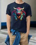Fantasy Bull Dragon Graphic T Shirt Colorful Mythical Creature Art - model wearing navy tee with hands in pockets