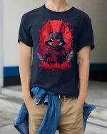 Red Ninja Fox Warrior Graphic T Shirt Dark Fantasy Art Style - model wearing navy tee with hands in pockets
