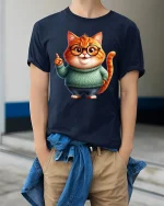 Cute Nerdy Cat Graphic T Shirt Adorable Smart Cartoon Art Style - model wearing navy tee with hands in pockets