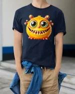 Funny Cute Monster Graphic T Shirt Big Eyes Smiling Cartoon Art - model wearing navy tee with hands in pockets