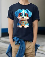 Cute Blue Puppy Graphic T Shirt Adorable Cartoon Dog Art Style - model wearing navy tee with hands in pockets