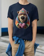Cute Cozy Bear Graphic T Shirt Knitted Sweater Love Art Style - model wearing navy tee with hands in pockets