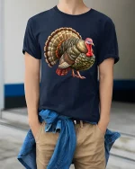 Funny Thanksgiving Turkey Graphic T Shirt Detailed Farm Art Style - model wearing navy tee with hands in pockets