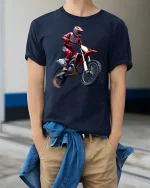Motocross Dirt Bike Rider Graphic T Shirt Extreme Racing Action - model wearing navy tee with hands in pockets