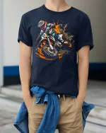 Motocross Dirt Bike Action Graphic T Shirt Extreme Speed Style - model wearing navy tee with hands in pockets
