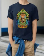 Tribal Jaguar Skull Graphic T Shirt Aztec Warrior Spirit Art - model wearing navy tee with hands in pockets