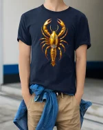 Golden Lobster Graphic T Shirt Luxury Ocean Inspired Art Design - model wearing navy tee with hands in pockets