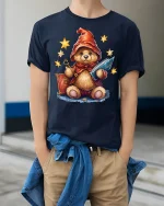 Cute Wizard Teddy Bear Graphic T Shirt Magical Fantasy Art Style - model wearing navy tee with hands in pockets