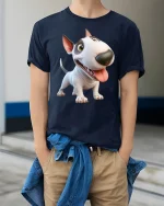 Funny Bull Terrier Dog Graphic T Shirt Cute Cartoon Style Art - model wearing navy tee with hands in pockets