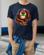 Cute Baby Monkey Graphic T Shirt Big Eyes Cartoon Style Art - model wearing navy tee with hands in pockets