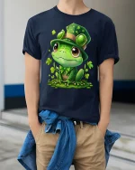 Cute Leprechaun Frog Graphic T Shirt Whimsical Irish Style Art - model wearing navy tee with hands in pockets