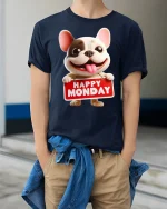 Happy Monday Dog Graphic T Shirt Funny Cute Cartoon Work Humor - model wearing navy tee with hands in pockets