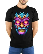 Tribal Skull Graphic T Shirt With Neon Mask Art Vibes - model wearing black tee with hands behind back
