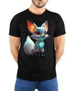 Cute Cyber Fox Graphic T Shirt Futuristic Neon Tech Art Style - model wearing black tee with hands behind back